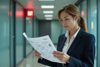 Femme en costume lisant plan d evacuation en bureau