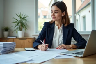 Femme en blazer remplissant des formulaires administratifs dans un bureau alsacien moderne pour accéder au service Alsace CAHR