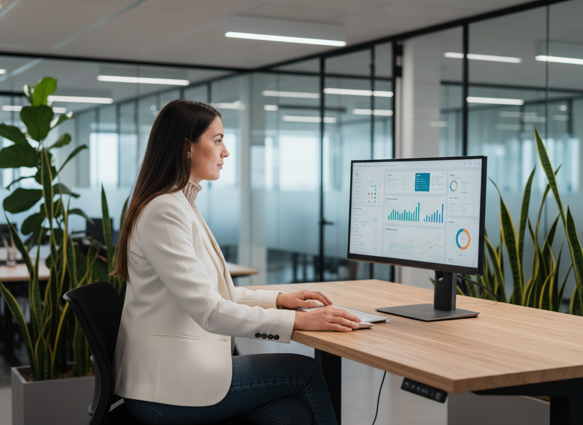 Jeune femme IT analysant des données SaaS sur un grand écran