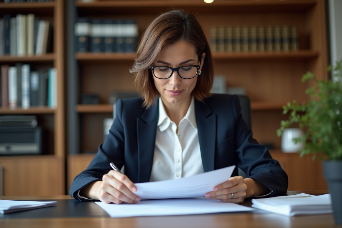 Femme juriste en bureau moderne examinant un document juridique