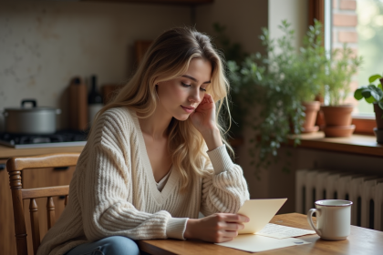 Jeune femme lisant une lettre dans une ambiance chaleureuse