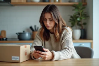 Femme anxieuse vérifiant son smartphone dans la cuisine