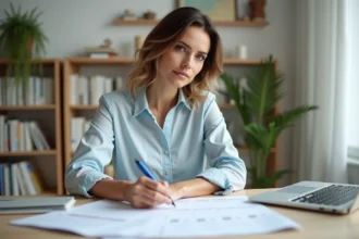Femme organisée travaillant à son bureau avec calendrier