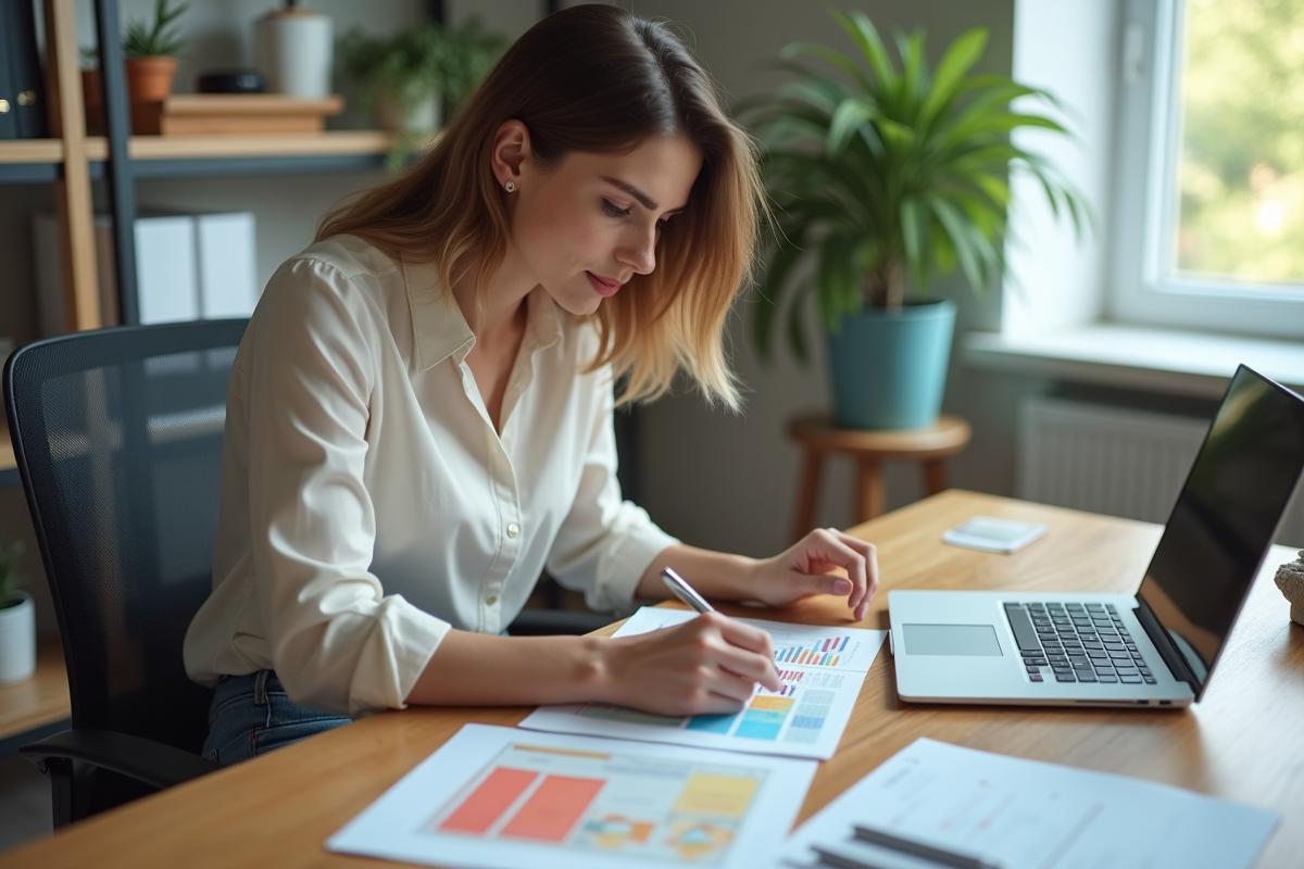 Jeune femme arrangeant des flyers colorés au bureau