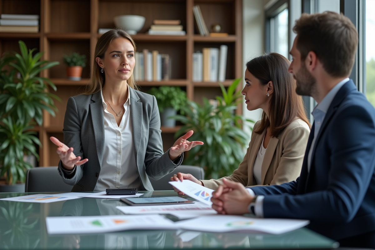 Femme en blazer présentant des graphiques en réunion