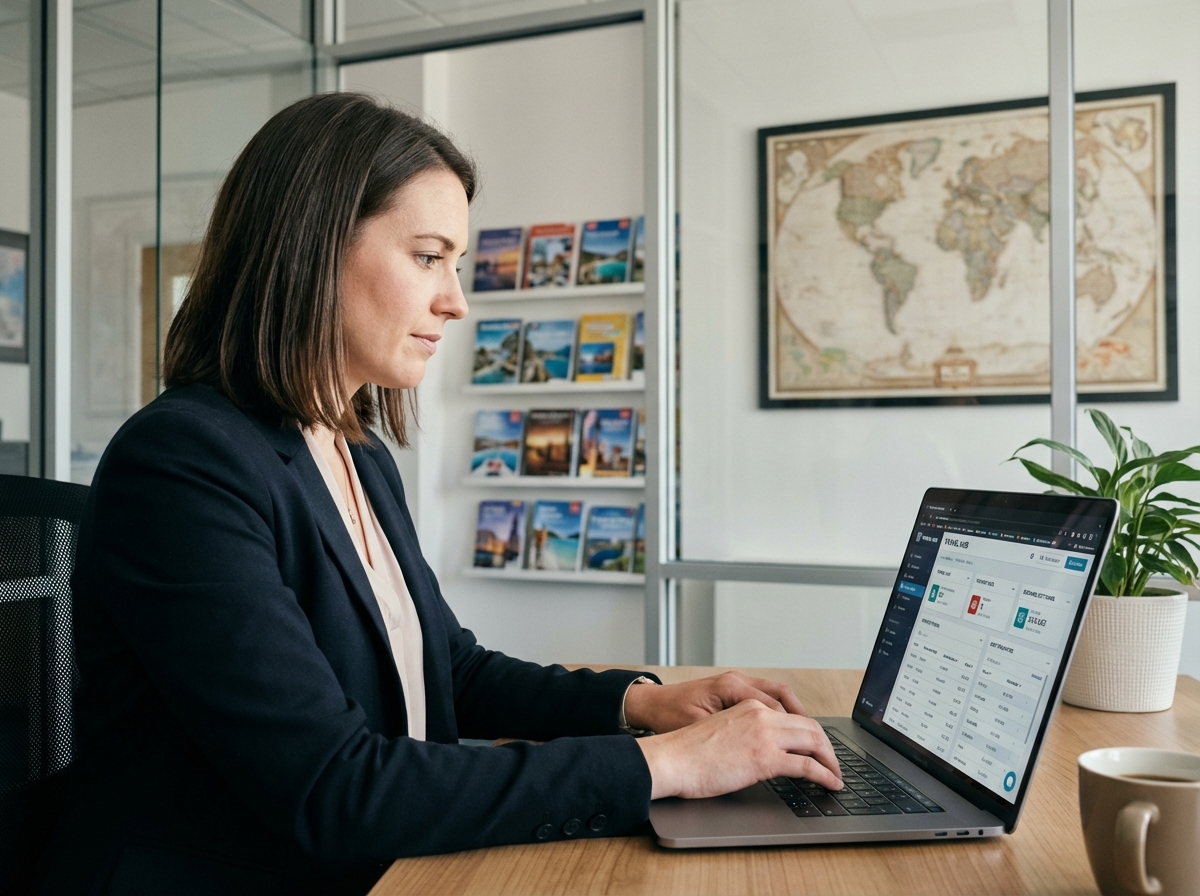Femme d affaires au bureau avec logiciel de voyage