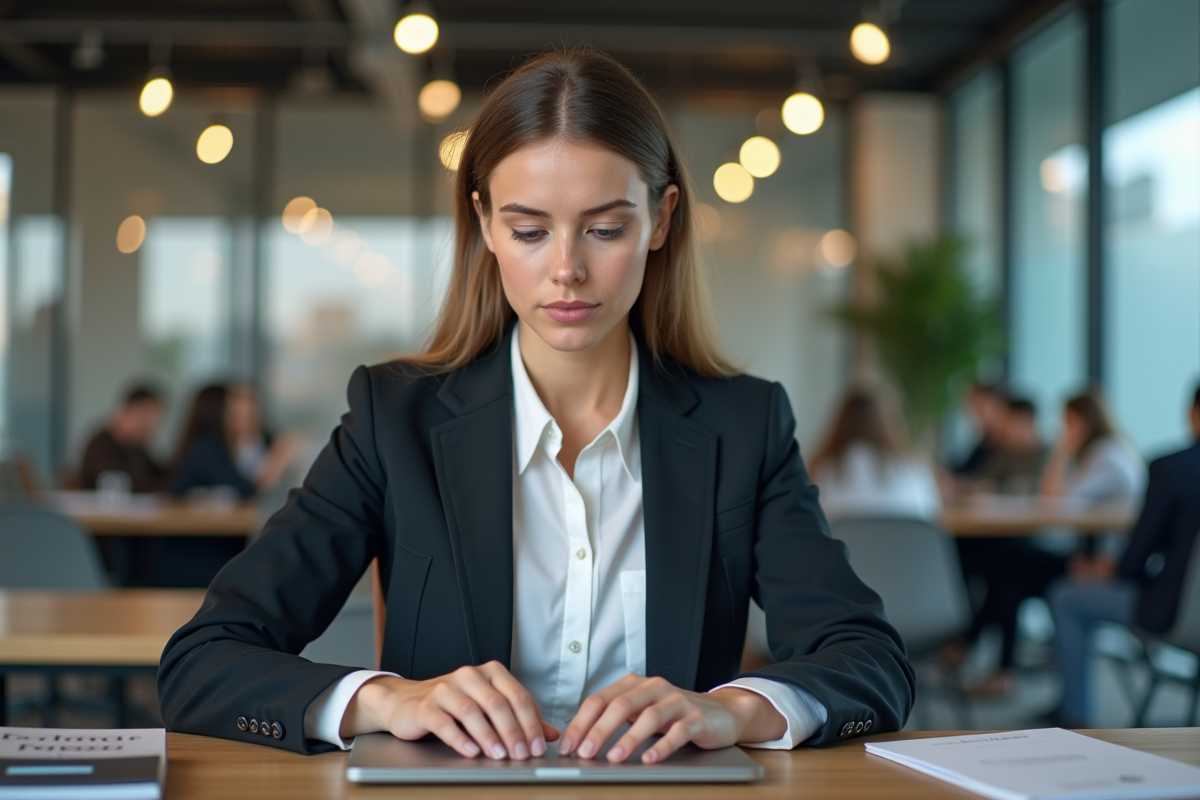 Femme professionnelle travaillant sur un ordinateur dans un espace moderne
