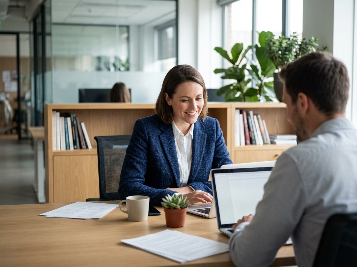 Femme professionnelle souriante dans un bureau moderne