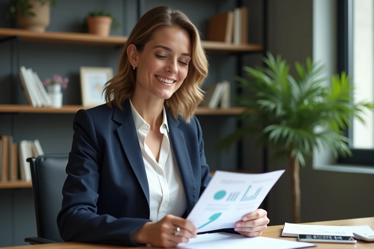 Femme confiante en bureau moderne avec documents et plantes