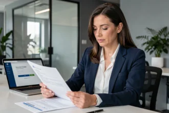 Femme professionnelle en blazer marine examinant un contrat B2B dans un bureau moderne sécurisé