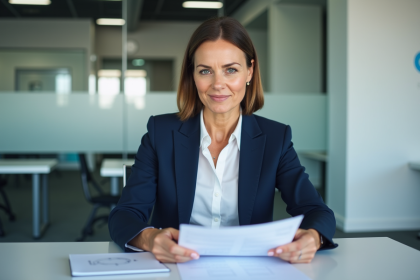 Femme professionnelle en bureau examinant des documents