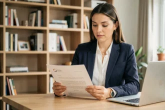 Femme professionnelle relisant une lettre de motivation à son bureau avec une expression concentrée