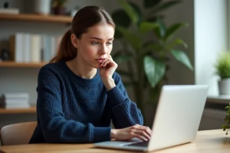 Femme consultant un site web sur son ordinateur portable avant de s'inscrire, expression concentrée dans un bureau à domicile moderne
