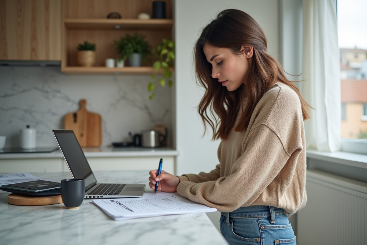 Jeune femme examinant un formulaire fiscal à la maison