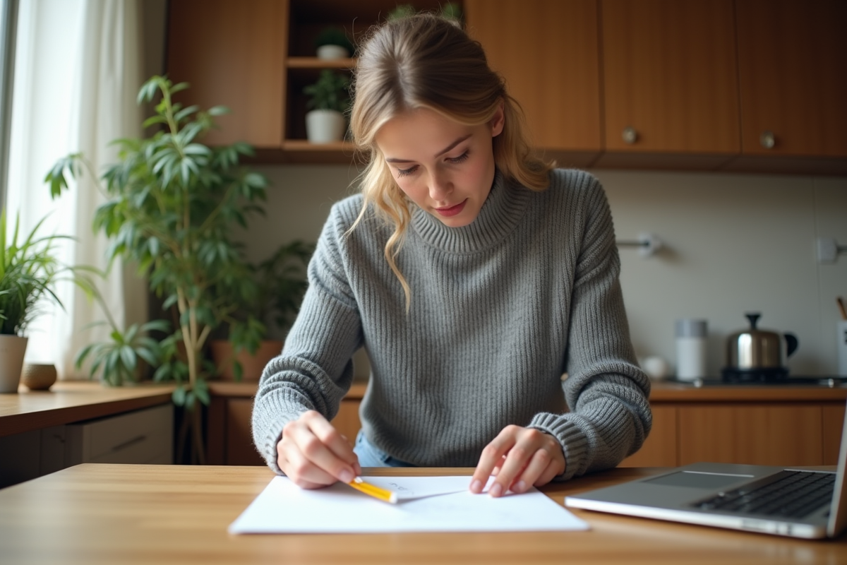 Jeune femme scellant une enveloppe confidentielle dans une cuisine lumineuse