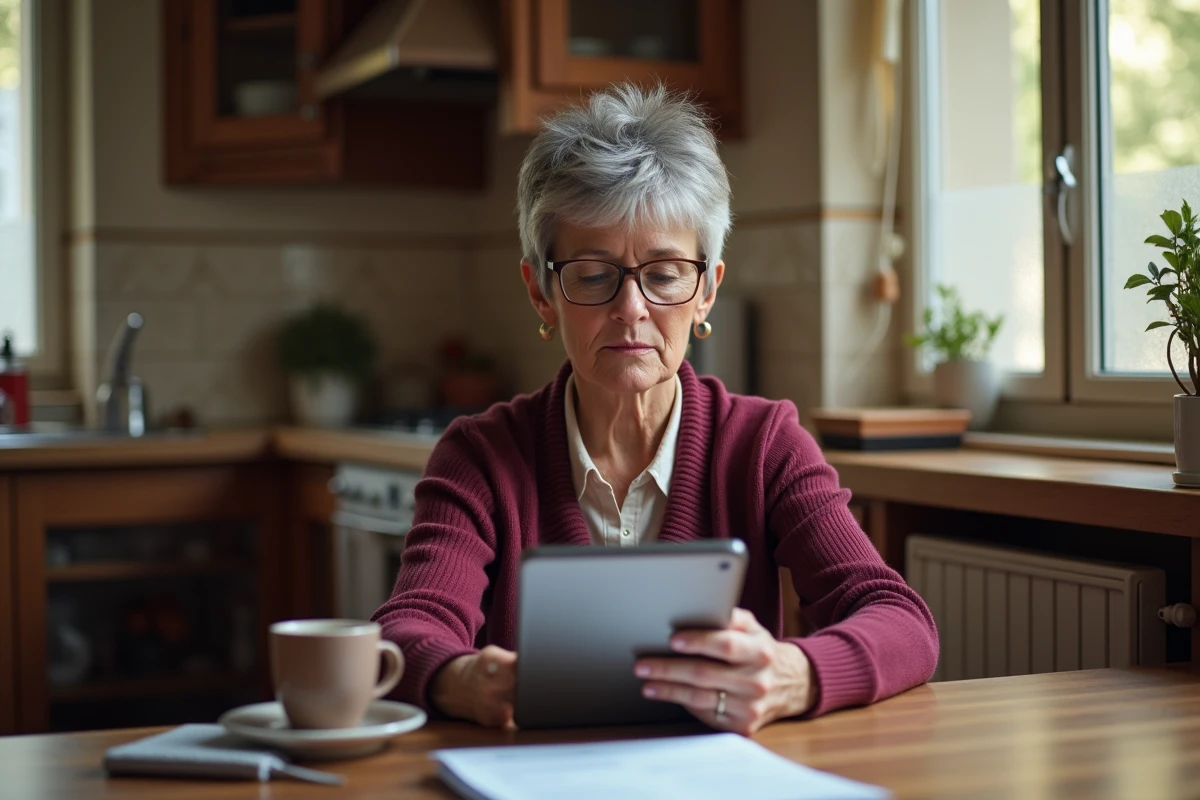 Femme senior consultant ses fiches de paie La Poste sur tablette numérique avec document imprimé à la maison