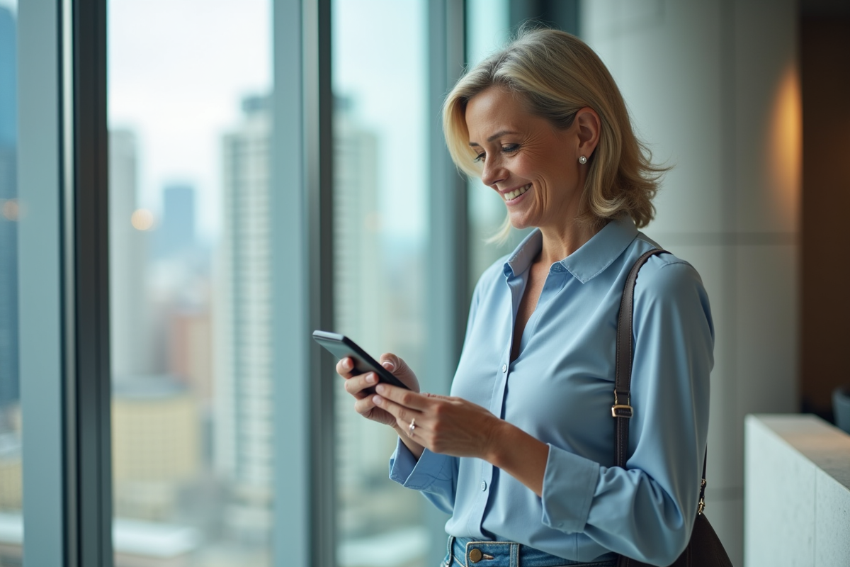 Femme souriante utilisant un smartphone dans un espace de travail urbain