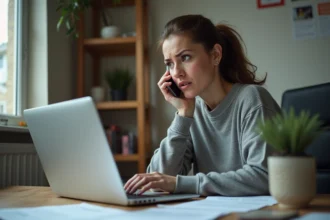 Femme frustrée au téléphone tentant de contacter l'Urssaf depuis son bureau à domicile