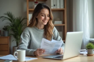 Femme en télétravail consultant des justificatifs administratifs sur son bureau à domicile bien organisé