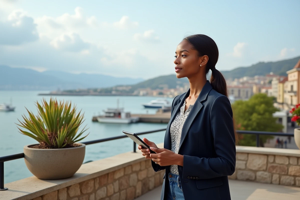 Jeune femme avec tablette sur une terrasse à Mamoudzou