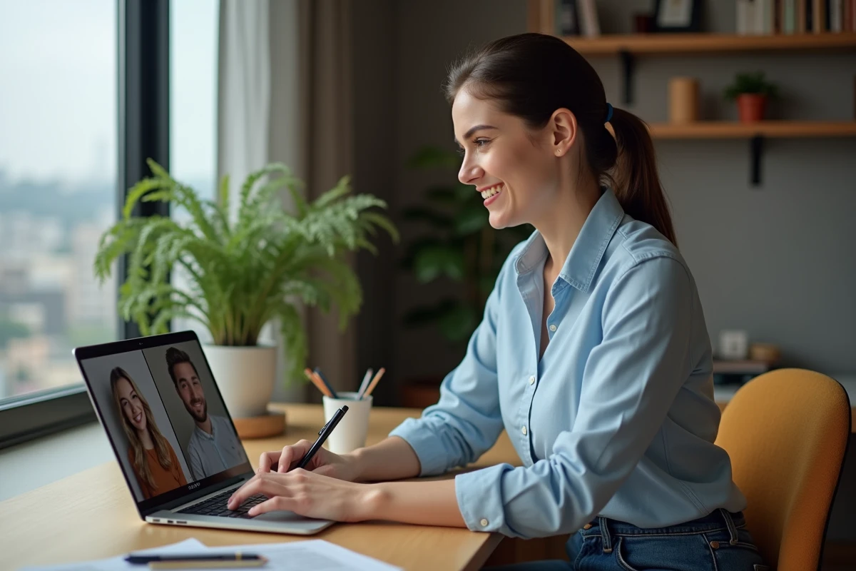 Femme en télétravail dans un bureau cosy avec vue urbaine
