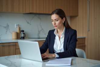 Femme en blouse blanche et blazer bleu travaillant à la maison