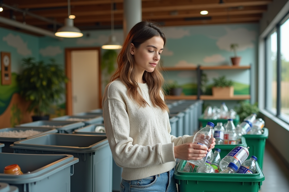 Jeune femme triant des bouteilles en plastique dans un centre de recyclage