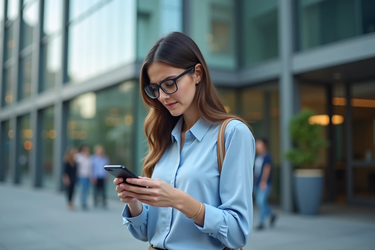 Jeune femme en blouse regardant son smartphone en ville