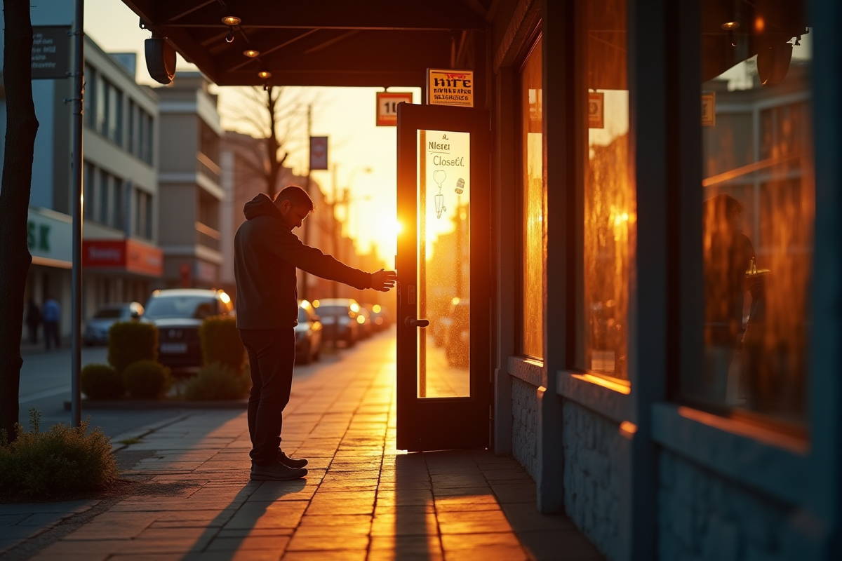Personne verrouillant la porte d un commerce au coucher du soleil