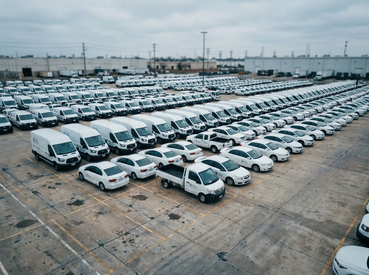 Vue panoramique d'une flotte de véhicules d'entreprise garés dans un dépôt logistique montrant des voitures et fourgonnettes avec marquage professionnel nécessitant une assurance flotte automobile