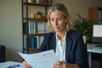 Fonctionnaire femme consultant sa fiche de paie dans un bureau administratif public en France
