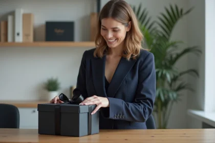 Femme professionnelle présentant une boîte cadeau haut de gamme noire sur un bureau en bois dans un bureau moderne