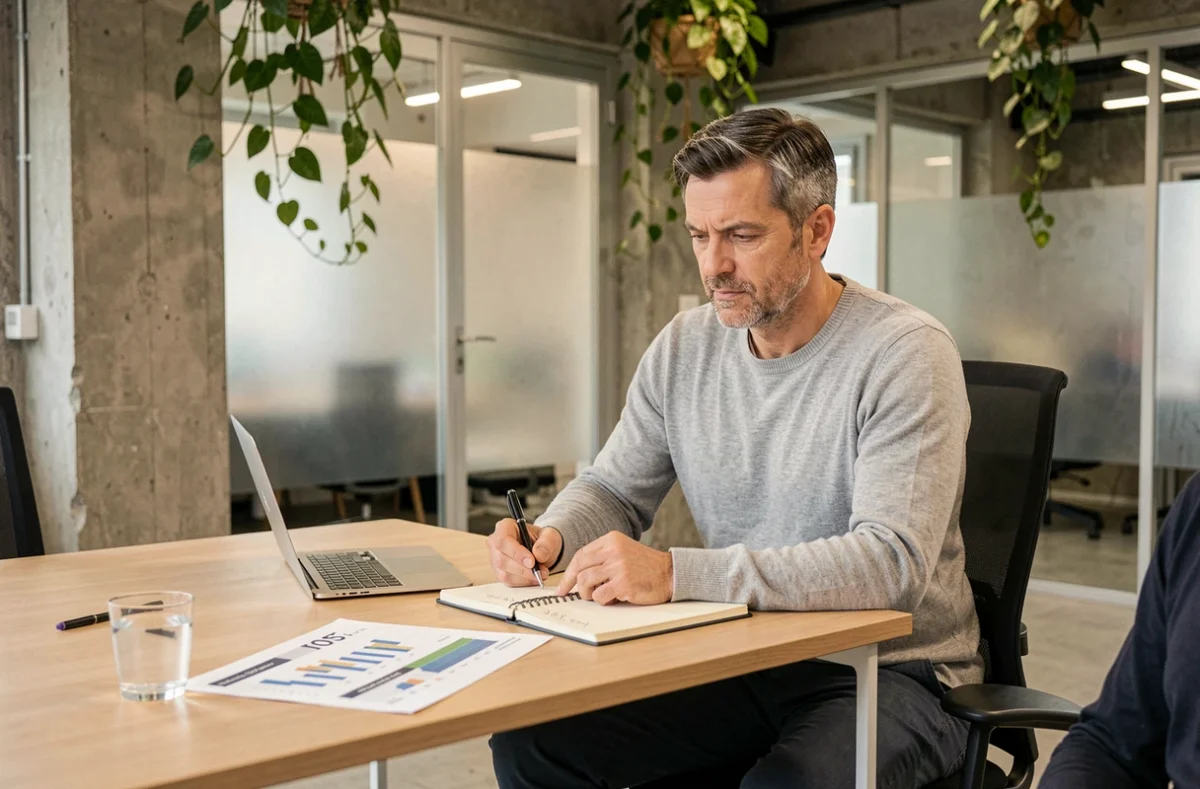 Freelance en portage salarial analysant ses tarifs journaliers dans un espace de coworking contemporain