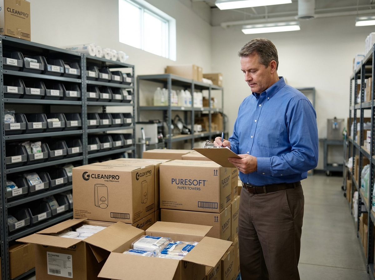 Gestionnaire d'installation vérifiant une liste de livraison dans un stock moderne