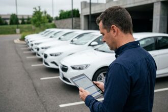 Gestionnaire de flotte automobile en entreprise consultant des documents d'assurance sur une tablette dans un parking professionnel avec des véhicules de société alignés