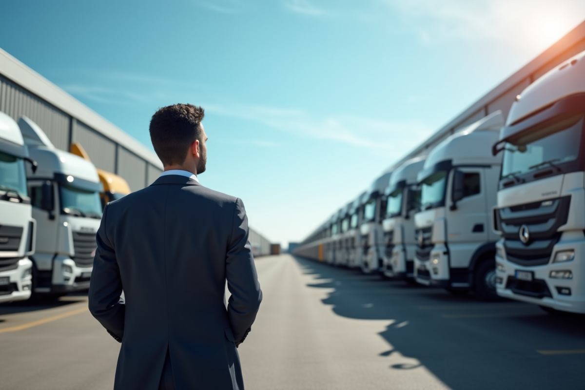 Gestionnaire inspectant une gamme de camions 32 tonnes en extérieur