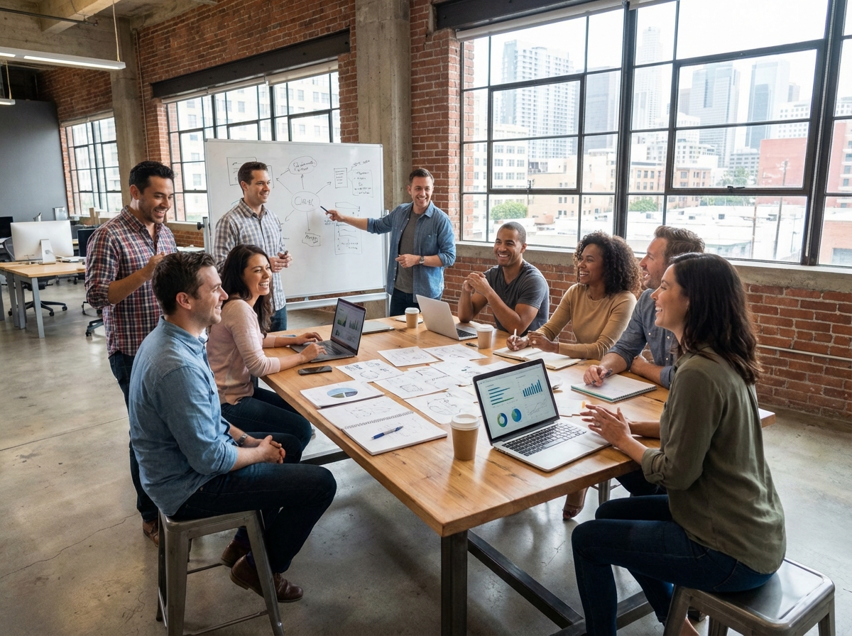 Groupe diversifié en brainstorming dans un espace coworking
