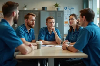 Groupe de salariés retail en discussion dans la salle de pause