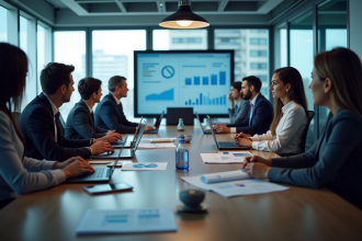 Groupe de professionnels collaborant sur des données dans un bureau lumineux