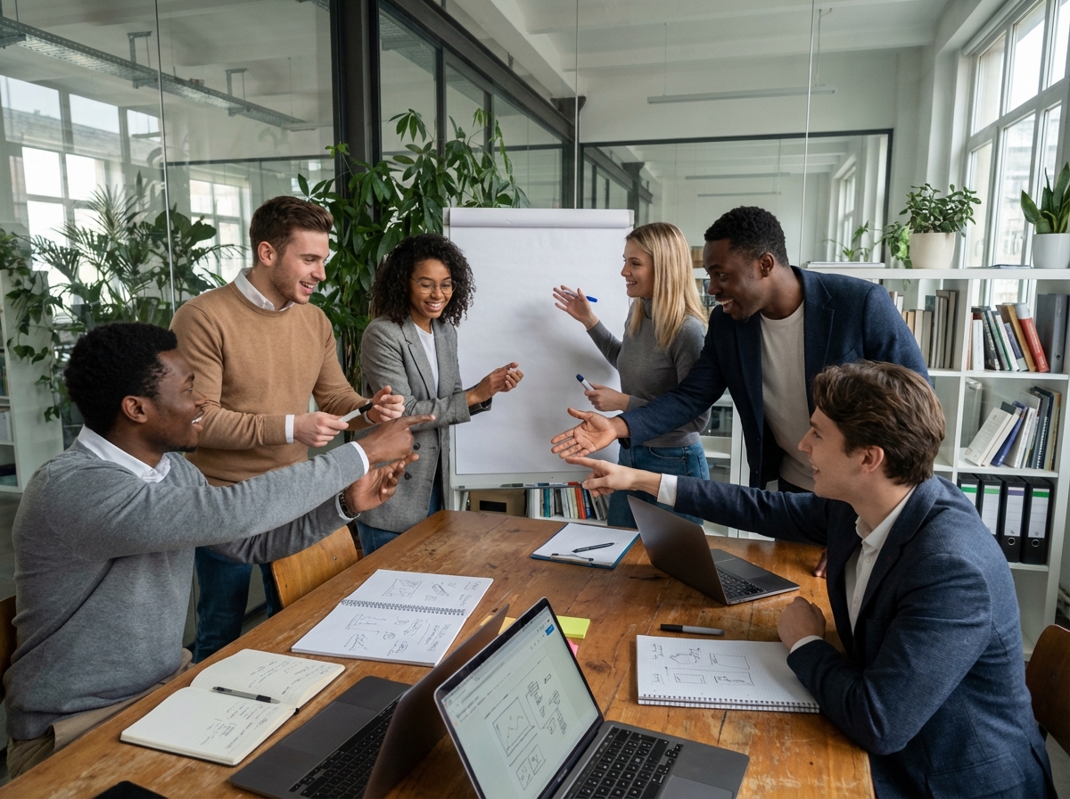 Groupe de jeunes professionnels en brainstorming dans un bureau moderne