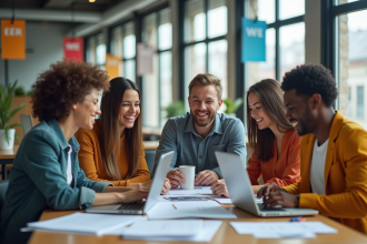 Groupe de jeunes professionnels dans un coworking lumineux