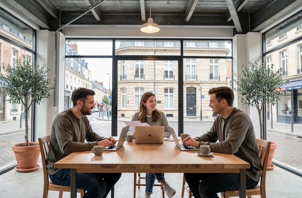 Groupe de professionnels travaillant ensemble autour d'une table haute dans un espace de coworking à Tours lors d'une journée d'essai