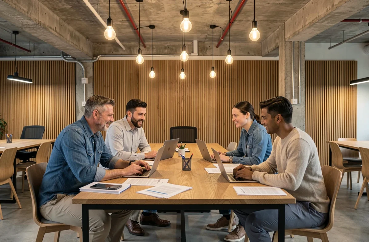 Groupe de professionnels en réunion collaborative dans un espace de coworking à Nice
