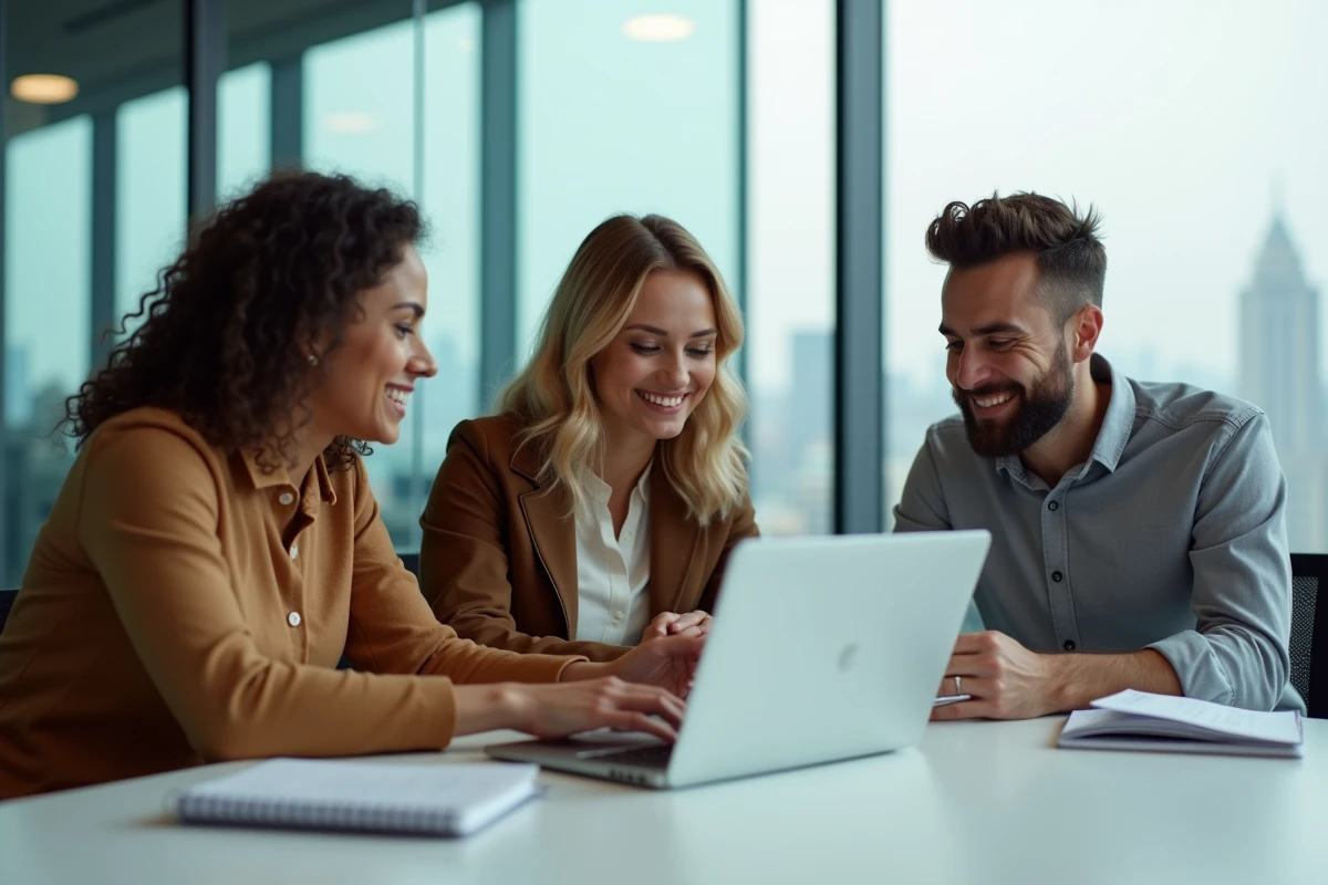 Groupe de salariés GMF discutant des avantages du comité d'entreprise autour d'un ordinateur portable