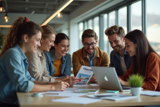 Groupe de jeunes adultes collaborant autour d'une table avec brochures de voyage
