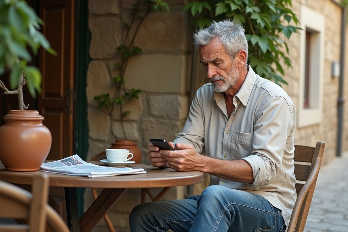 Homme corse d'âge moyen consultant son smartphone avec un regard sceptique attablé dans un café typique de l'île de Beauté