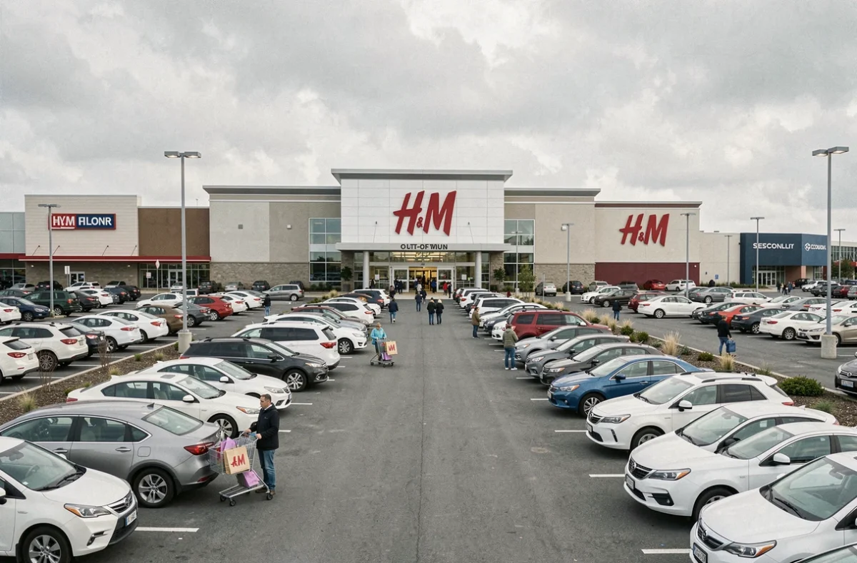 Centre commercial de périphérie avec magasin H&M fréquenté entouré d'un vaste parking et de grandes enseignes