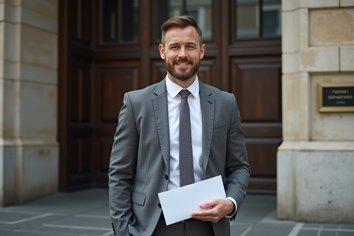 Homme souriant devant un bâtiment administratif en ville
