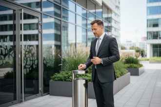 Homme d'affaires en costume à côté d'une cendrière moderne