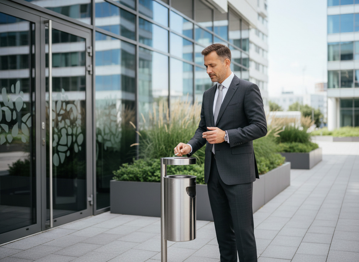 Homme d'affaires en costume à côté d'une cendrière moderne